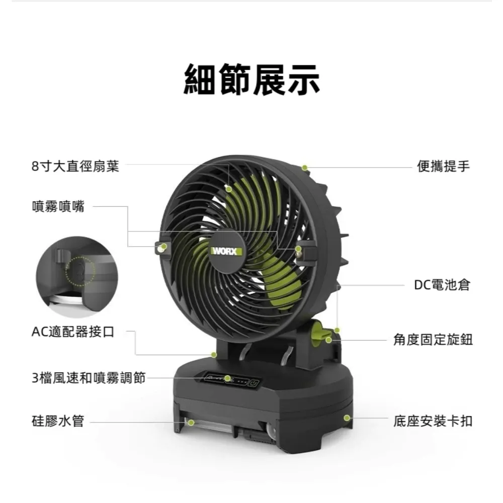 WU053 8吋 噴霧式風扇 20V 4.5m 大風力 露營 工廠 夏季必備 悶熱必備 電源供應器 WORX 威克士