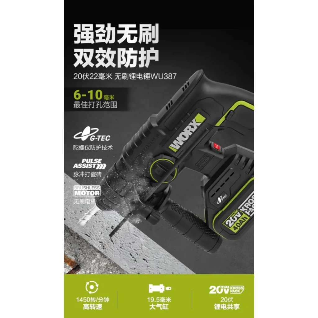 WU387 鋰電無刷免出力電錘20V 22mm 錘鑽/平鑽 雙功能 水泥 地板 鑽牆 水電 居家 電槌 WORX威克士