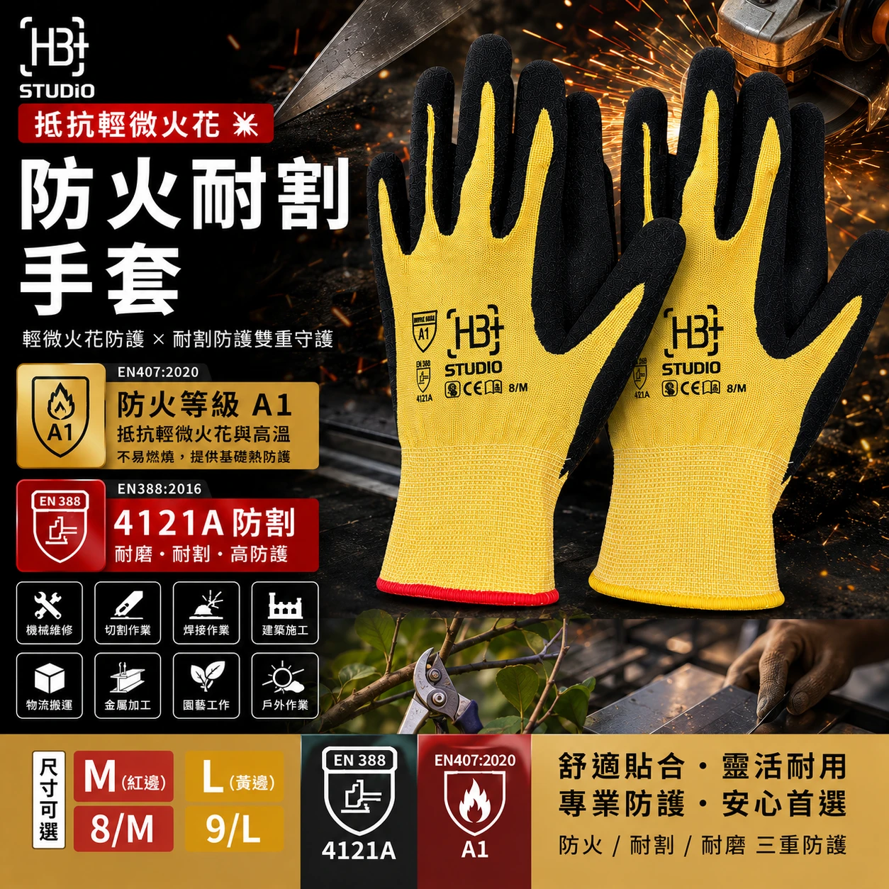 耐割手套 防火手套 工作手套 可觸控手套 NBR防滑手套 工地手套 機械維修手套 金屬加工手套 防護手套 EN388 4121A A1耐割