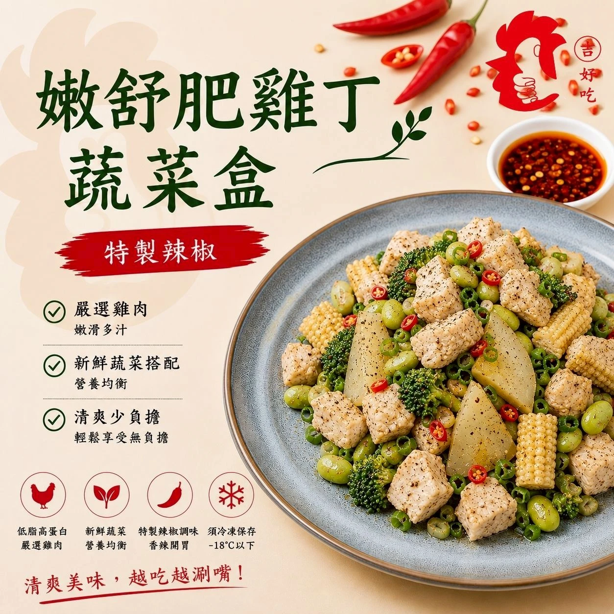 嫩舒肥雞丁蔬菜盒蔥油椒鹽(特製辣椒) 200g