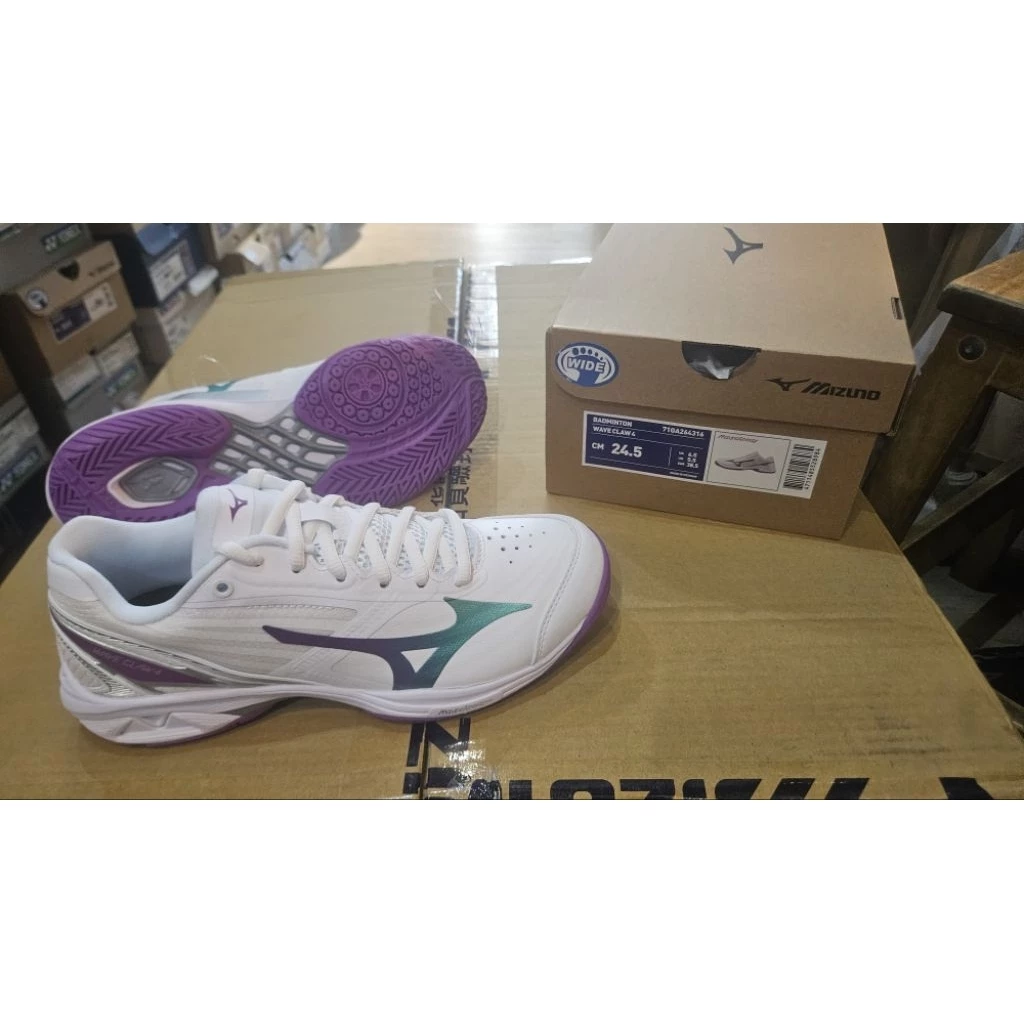MIZUNO 美津濃羽球鞋 Wave Claw 4 （71GA264316）寬楦 男鞋 白 藍 緩震回彈支撐