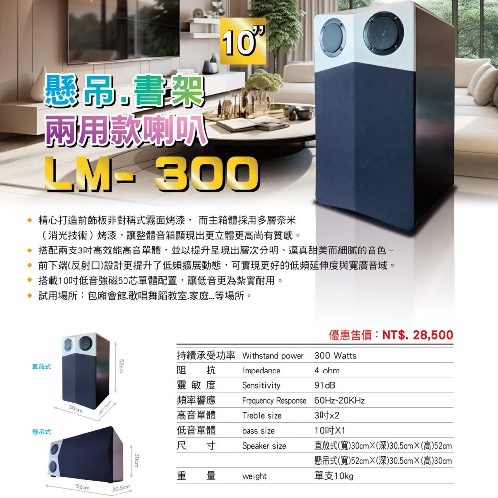 YI SHENG LM-300 10吋低音設計 書架懸吊兩用式喇叭
