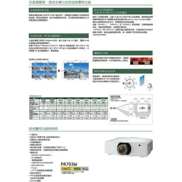 NEC PA703W LCD 7000流明高亮度 (WXGA) 投影機 多功能商用 工程款 投影機