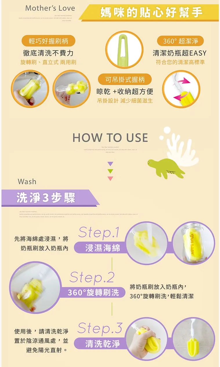 優生 雙效海綿旋轉奶瓶刷【替換刷頭組】-綠蠵龜