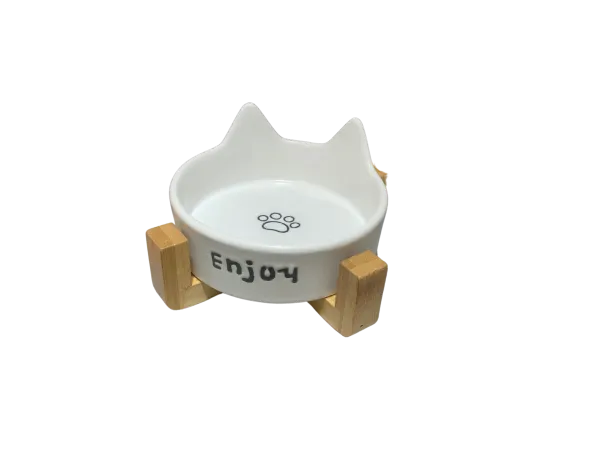 貓耳造型防打翻貓狗陶瓷碗（單碗+單格木架）