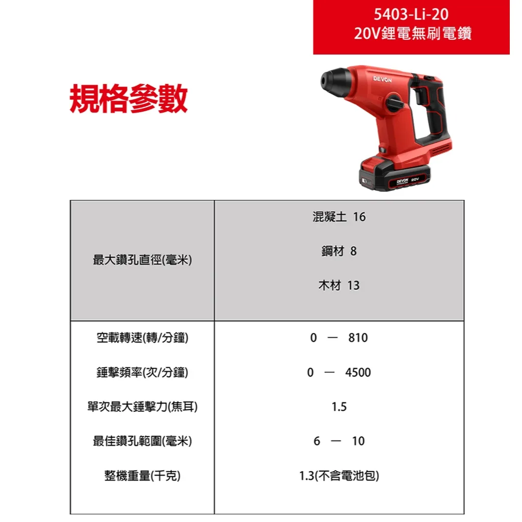 【飆破盤】DEVON大有 20V無刷電鎚鑽 5403-LI-20 水電 電動工具 裝潢 電鑽 免出力 無碳刷