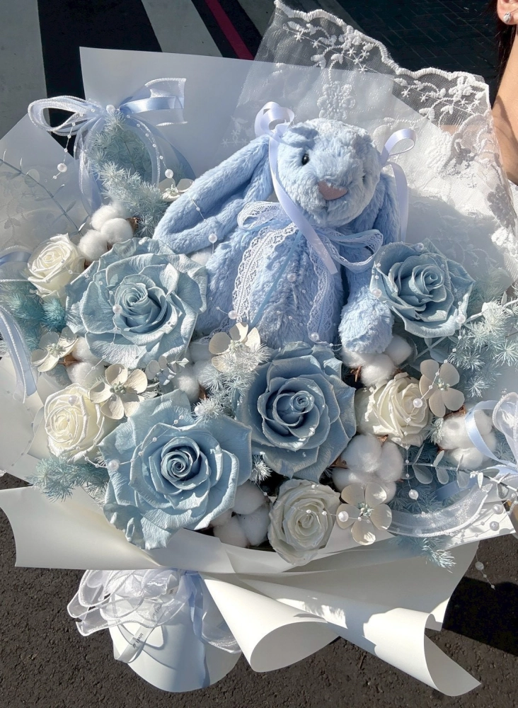 Jellycat兔兔柔藍永生玫瑰花束