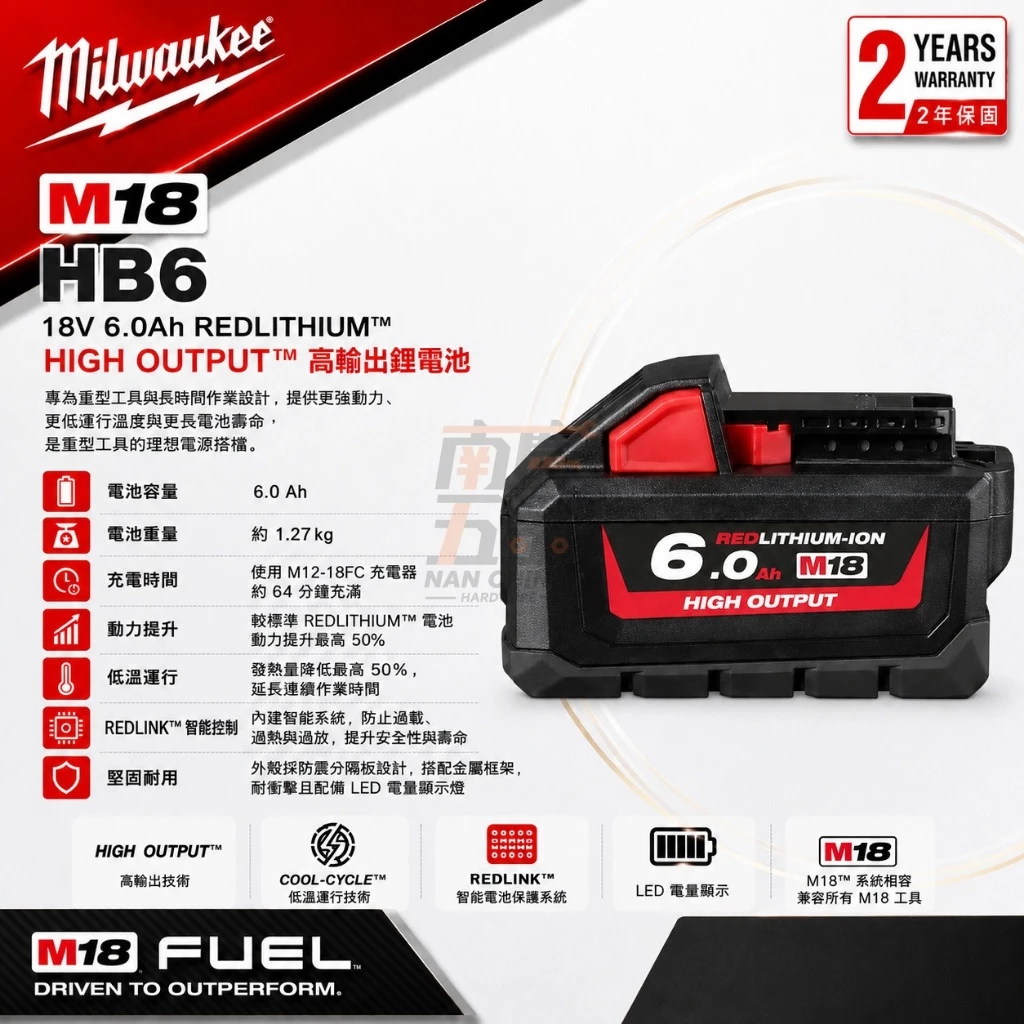 南慶五金 含稅 公司貨美沃奇 MILWAUKEE M18HB3 M18HB6 M18HB8 18V高輸出紅鋰電池系列