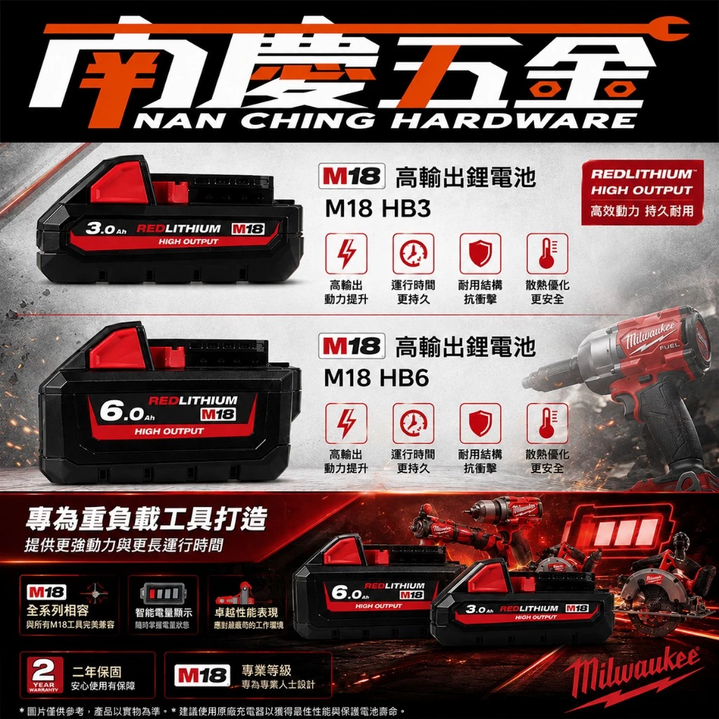 南慶五金 含稅 公司貨美沃奇 MILWAUKEE M18HB3 M18HB6 M18HB8 18V高輸出紅鋰電池系列