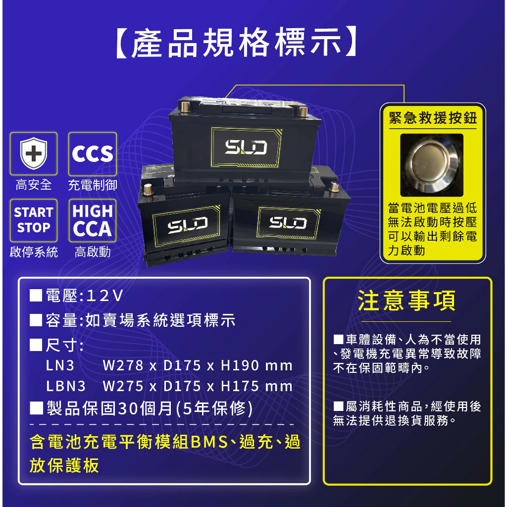 SLD 磷酸鋰鐵電池 LN3 LBN3 汽車電瓶 怠速熄火 保固30個月