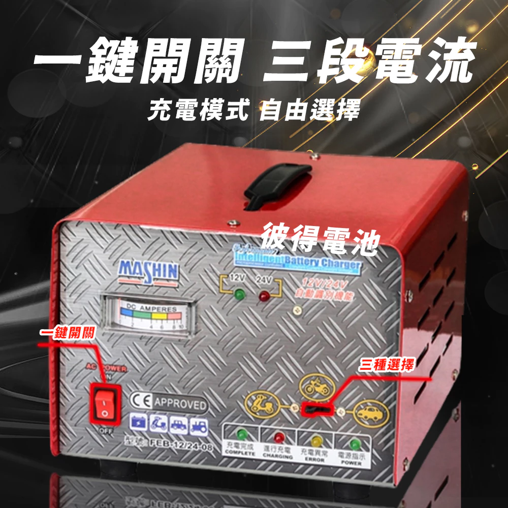 麻新電子 FEB-1224-08 12/24V可切換 全自動式充電器 電池電壓自動切換 雙電壓 6A 充滿自停 一年保固