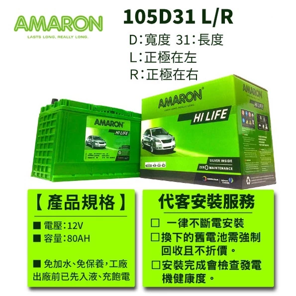 【AMARON】愛馬龍 105D31L 銀合金電池 充速快 爆發力 Es200 Tucson SantaFe