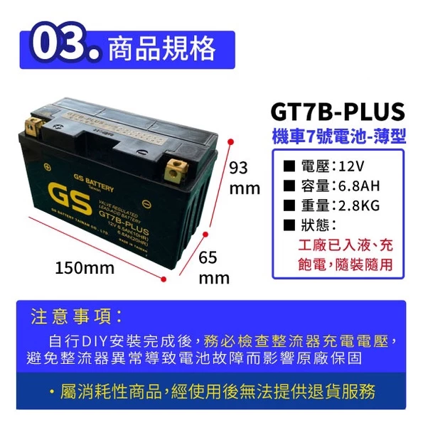 GS統力 機車電瓶 GT7B-PLUS 機車7號電池 薄型 同YT7B-BS 新勁戰 SMAX 佛斯 BWS