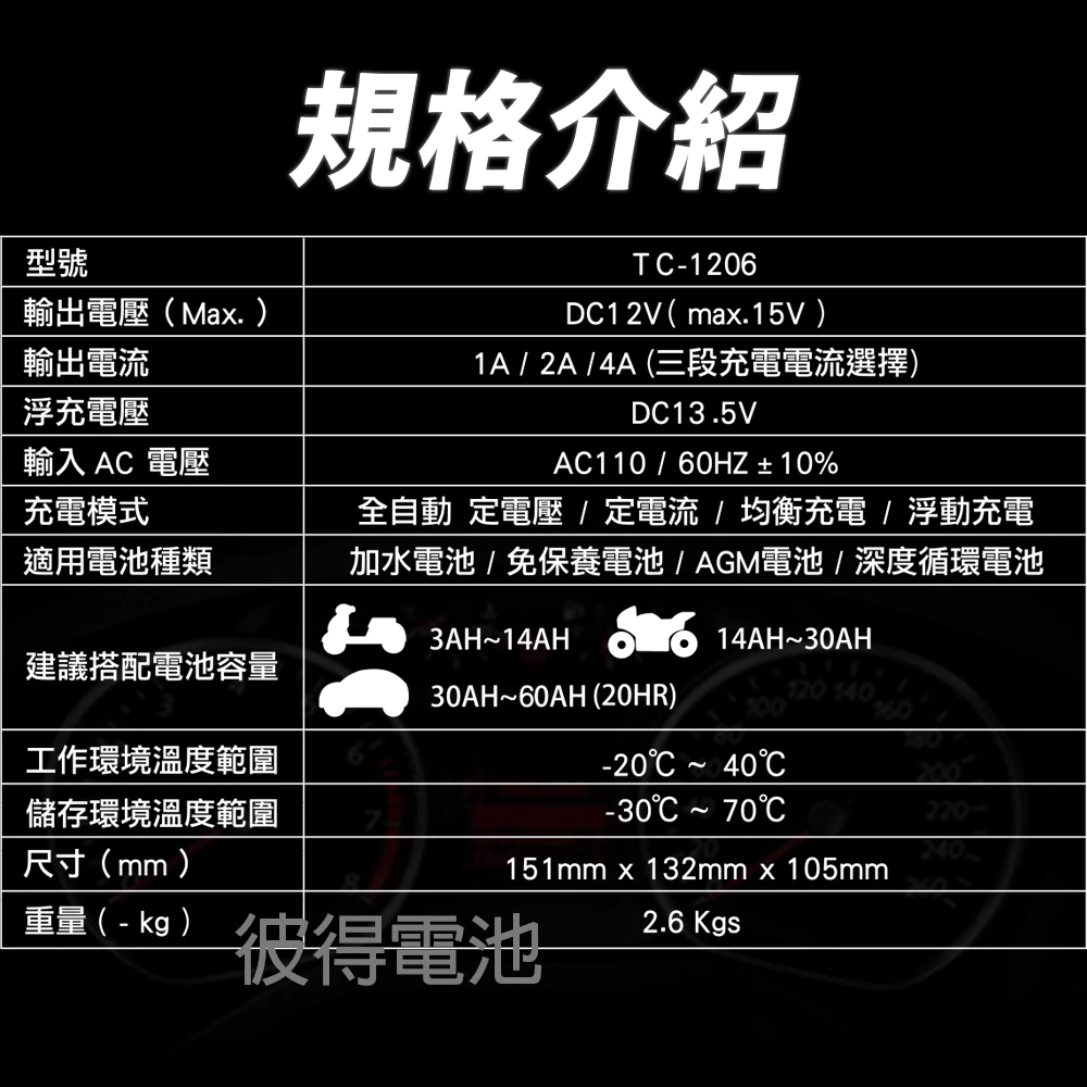 麻新電子 TC-1206 汽機車 電池充電器 三段控制 充滿自動跳停 台灣製造 一年保固