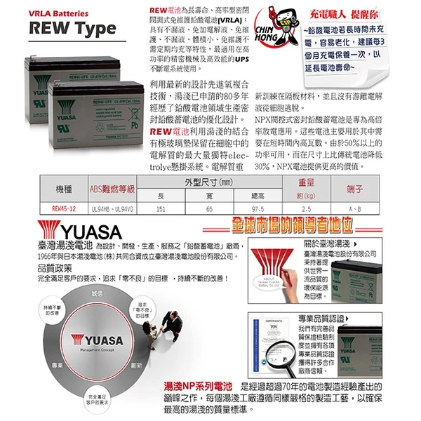 YUASA湯淺REW45-12閥調密閉式鉛酸電池 12V45W UPS不斷電系統 消防系統 兒童電動車 玩具車