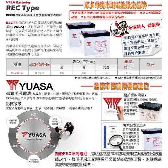 YUASA湯淺U1-36E-12閥調密閉式鉛酸電池 12V36AH 電動車 電動輪椅 UPS不斷電系統