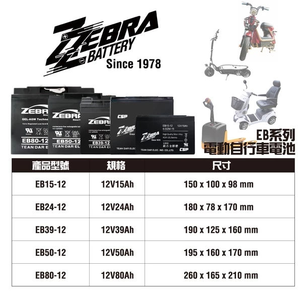 【ZEBRA斑馬】EB50-12銀合金膠體電池12V50AH 電動車電池 電動代步車 太陽能 露營 REC50-12