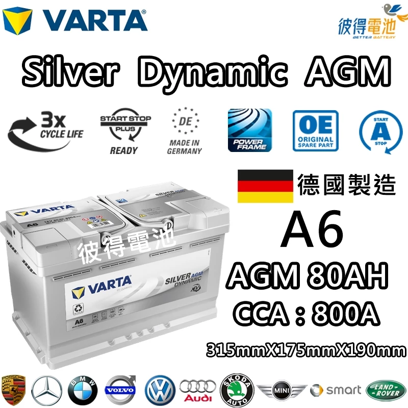 德國VARTA華達 A6 F21 AGM 80AH LN4汽車電瓶 怠速熄火車 Start-Stop 德國製造電池