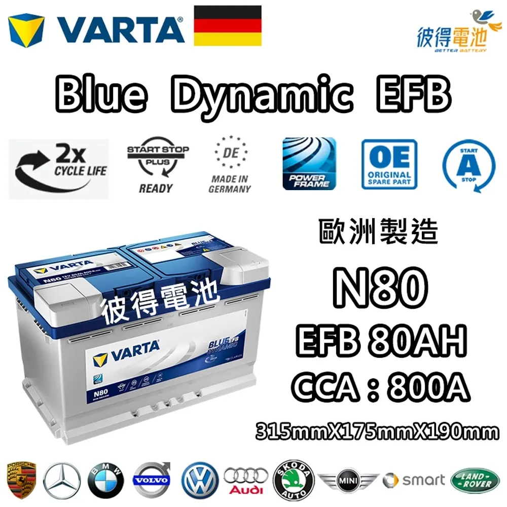 德國VARTA華達 N80 EFB 80AH LN4汽車電瓶 怠速熄火車 Start-Stop 德國進口歐洲製造