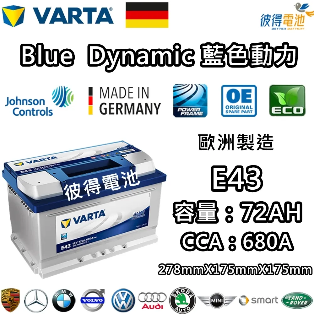 德國VARTA華達 E43 72AH 藍色動力 汽車電瓶 LBN3 57114 適用福特FORD Focus