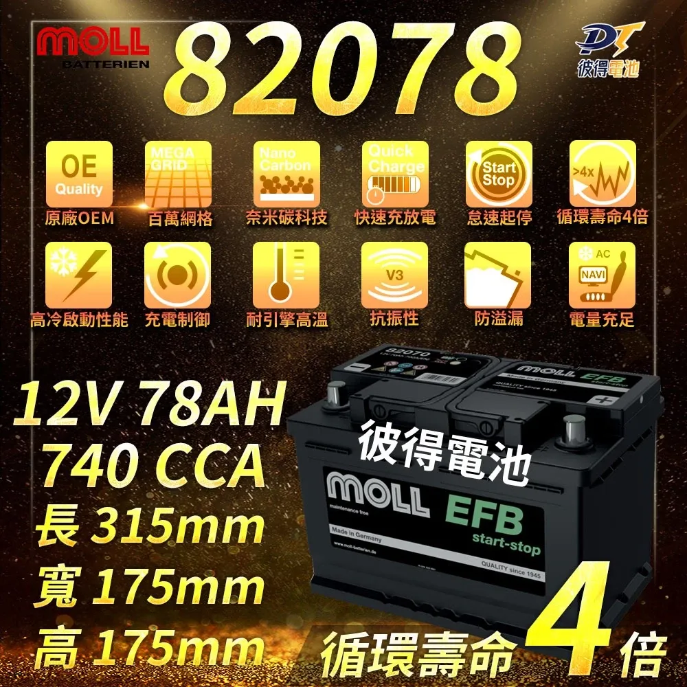 MOLL 82078 Start-Stop EFB電瓶 高性能 12V 78AH 740CCA 免加水汽車電池 德國製