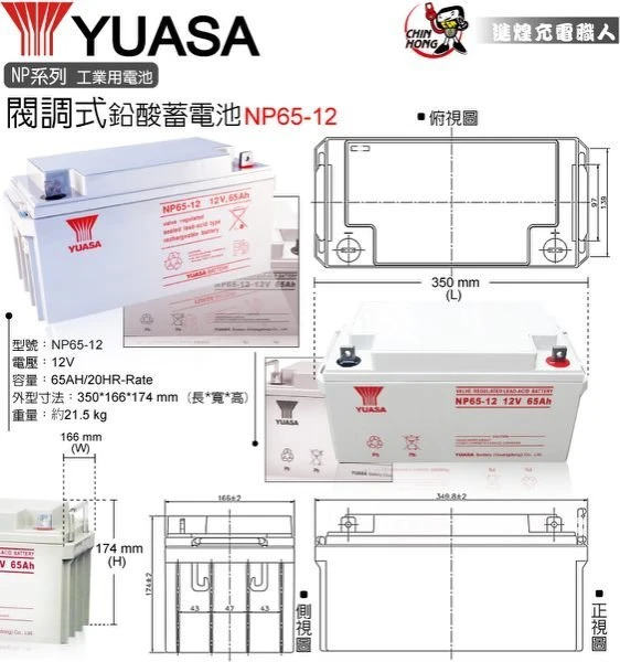 (鋐瑞電池) 預購制 YUASA 湯淺 NP65-12 閥調密閉式鉛酸電池 12V65AH UPS不斷電 露營 海釣