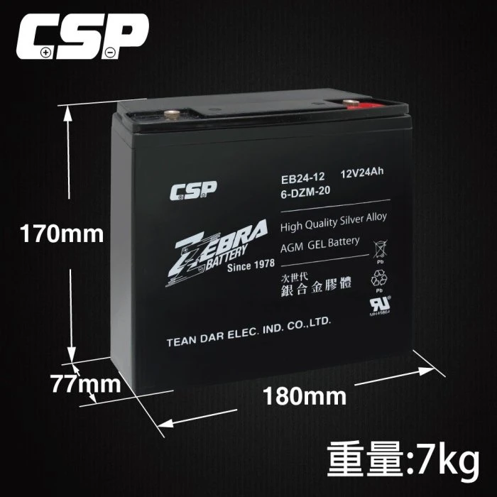 {鋐瑞電池} 斑馬牌 EB24-12 銀合金 膠體電池12V24Ah/等同6-DZM-20.電動車電池.REC22-12