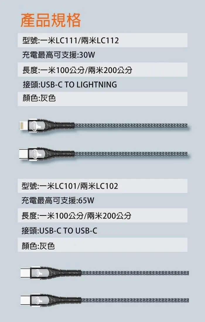 灰 牛角-LC-1米 IPHONE PD編織快充線(暟)