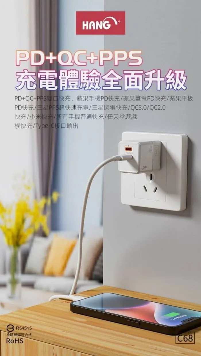 (PD+QC+PPS) C68 雙C口(摺疊)40W 氮化鎵 快速閃充電器(H