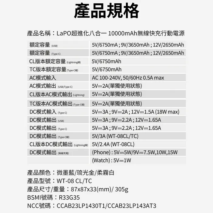C to L - LAPO三代-八合一多功能行動電源