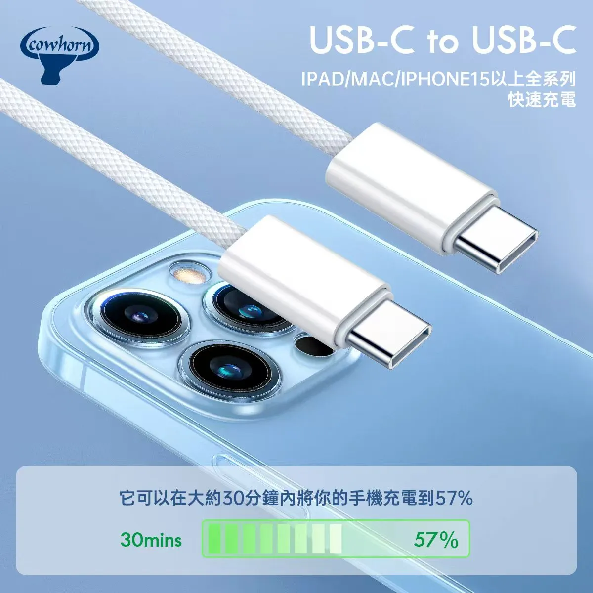 白-牛角-LC1編織白線-1米-USB C to TC