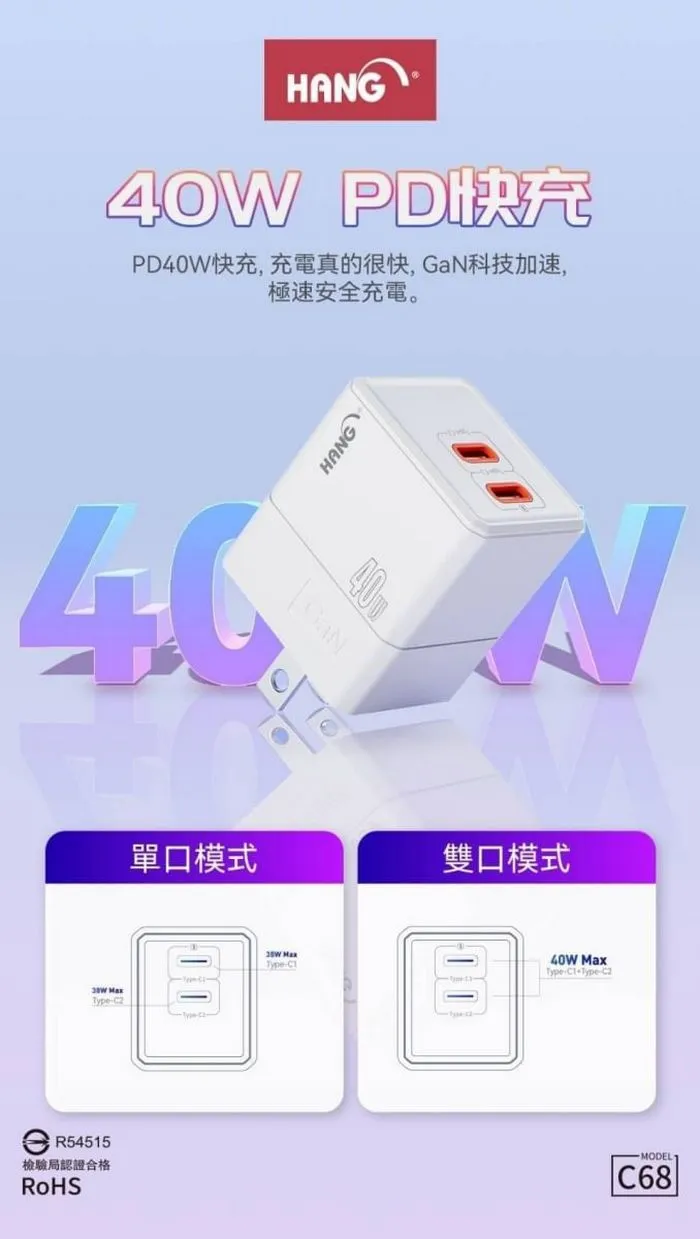 C68雙C口(摺疊)40W氮化鎵(PD+QC+PPS) 頭+CtoC線