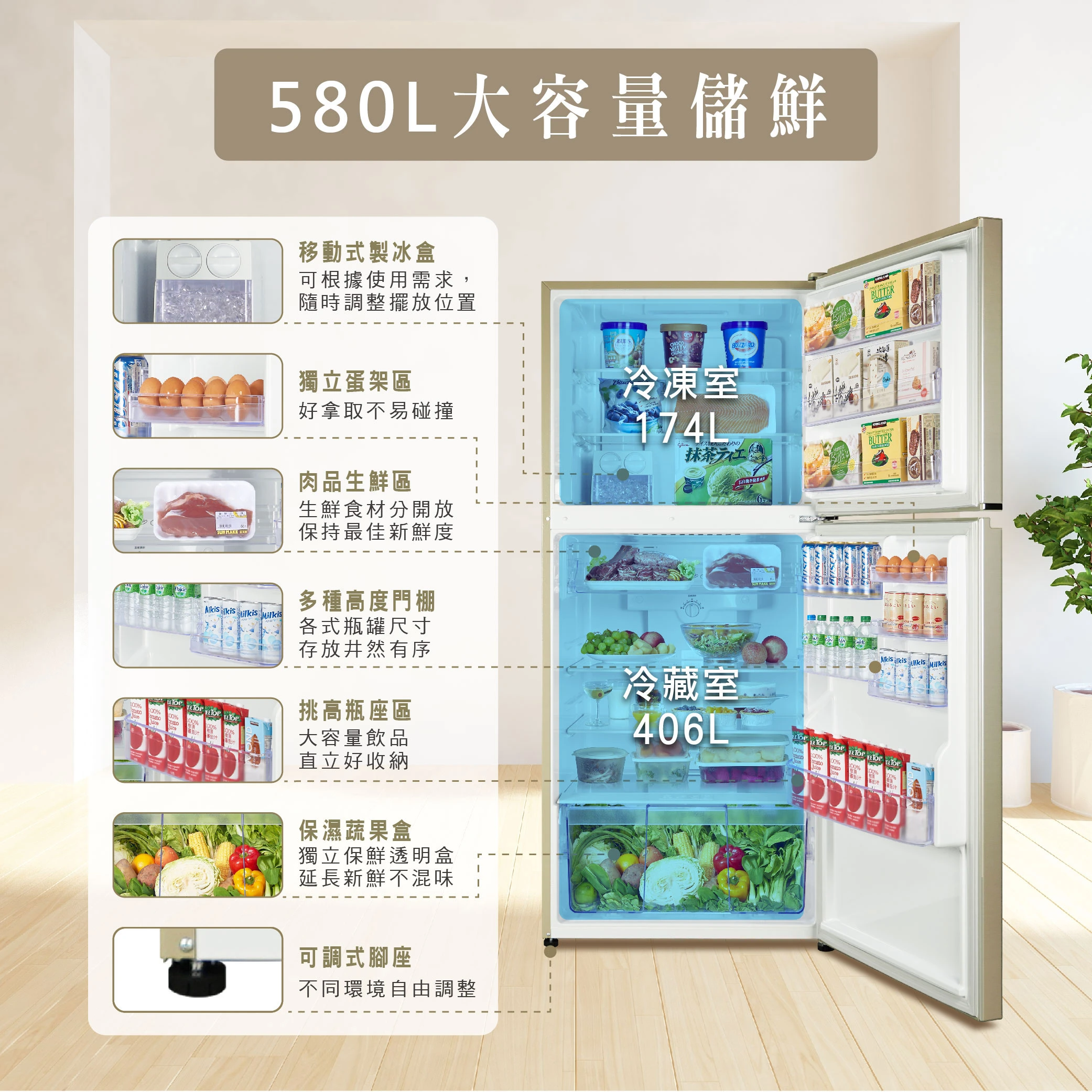 禾聯HRE-B5825V大雙門系列變頻雙門電冰箱580L