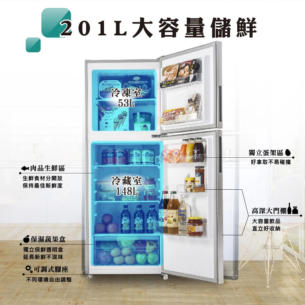 禾聯HRE-B2061V變頻雙門窄身電冰箱201L