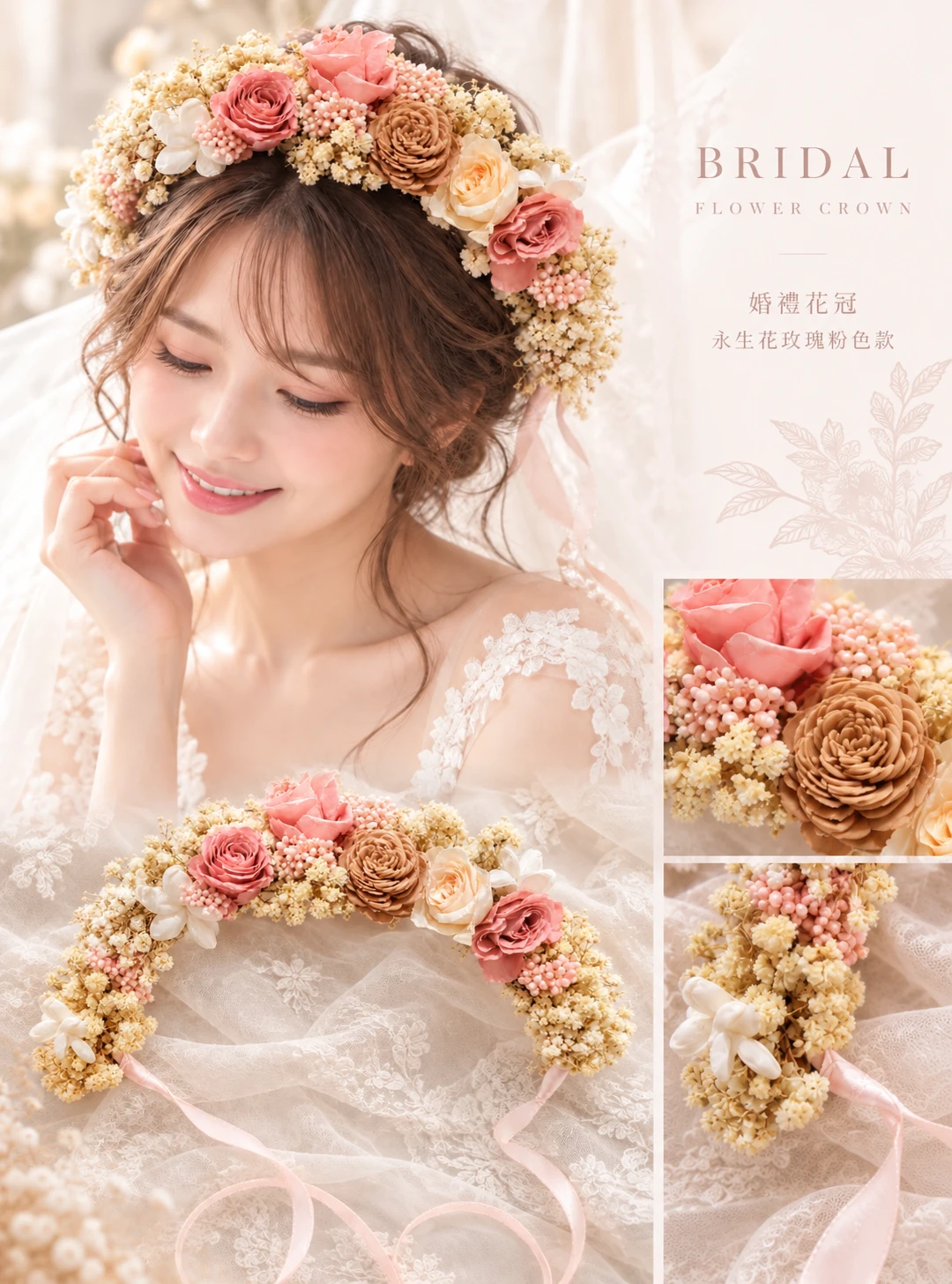 婚禮花冠｜永生花玫瑰粉色款