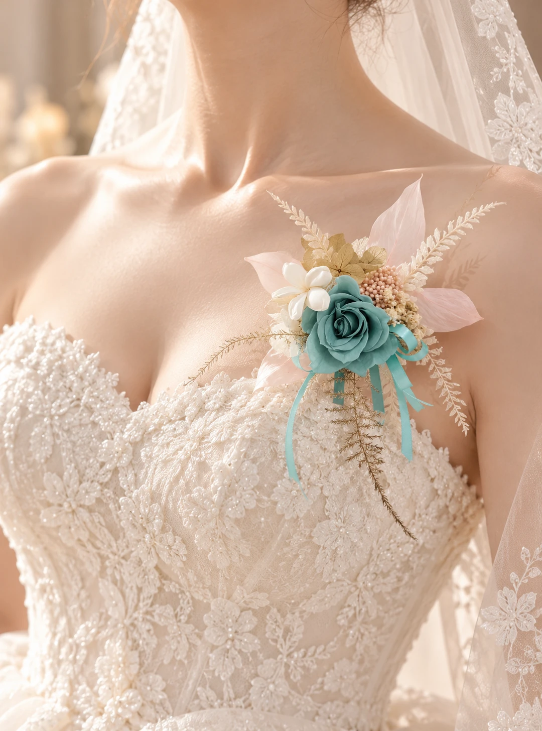 婚禮永生花胸花系列｜晨光花語・湖水綠玫瑰胸花