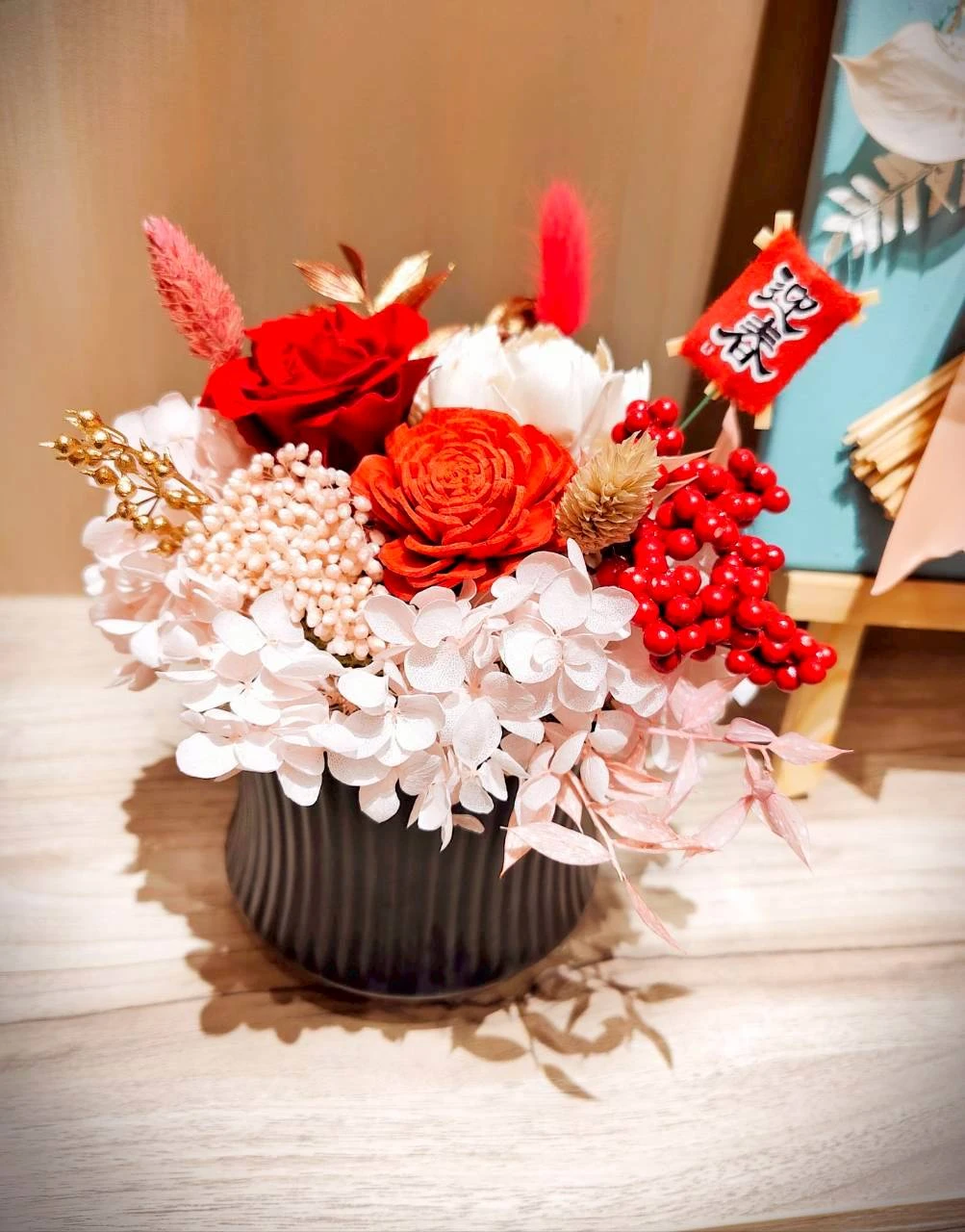 迎春花藝黑盆器｜紅色永生玫瑰