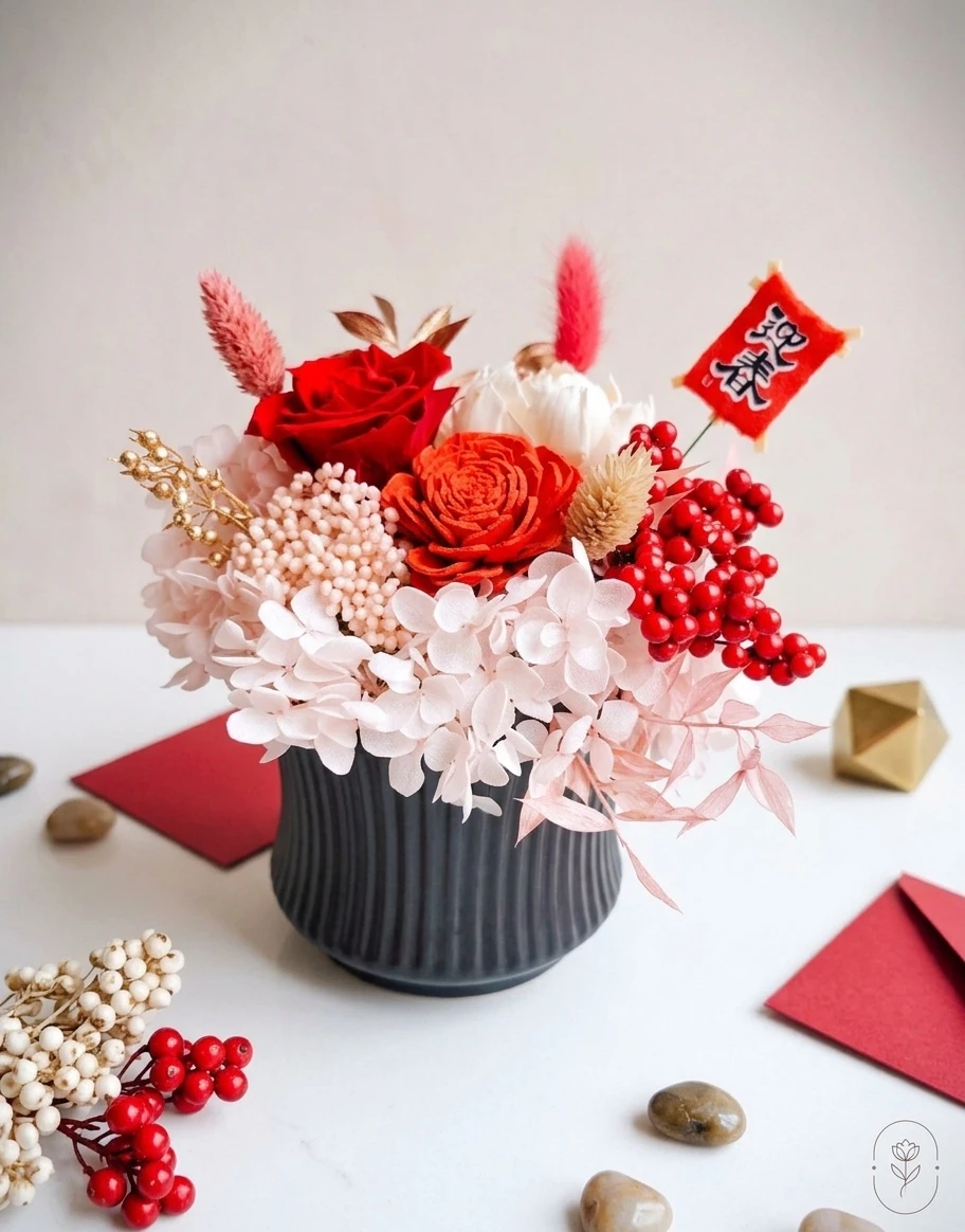 迎春花藝黑盆器｜紅色永生玫瑰
