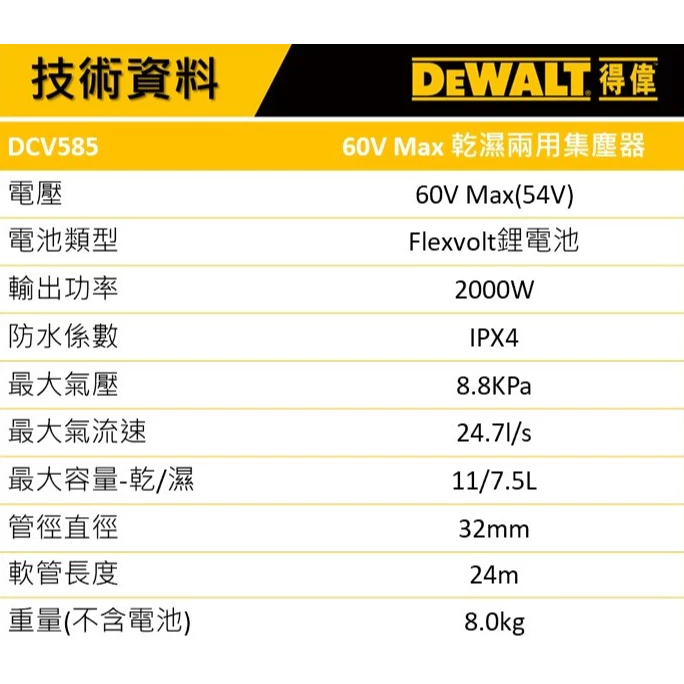 DEWALT得偉 原廠公司貨(含稅) DCV585N / 60V Max*(54V) 鋰電無碳刷乾濕兩用吸塵器 工業級