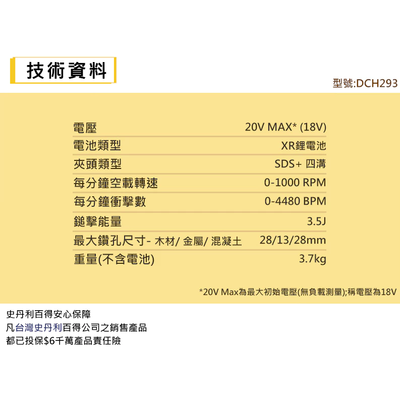 DEWALT得偉 原廠公司貨 20V Max*18V鋰電無碳刷四溝三用鎚鑽 DCH293B 電鎚鑽 電錘 水泥鑽