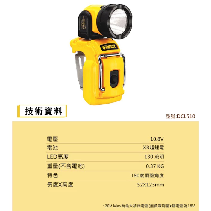 DEWALT得偉 原廠公司貨 10.8V鋰電超強光工作燈 DCL510N