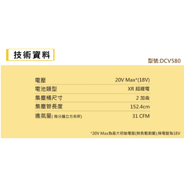 DEWALT得偉 原廠公司貨 20V Max充電式 乾濕兩用 吸塵器 DCV580N