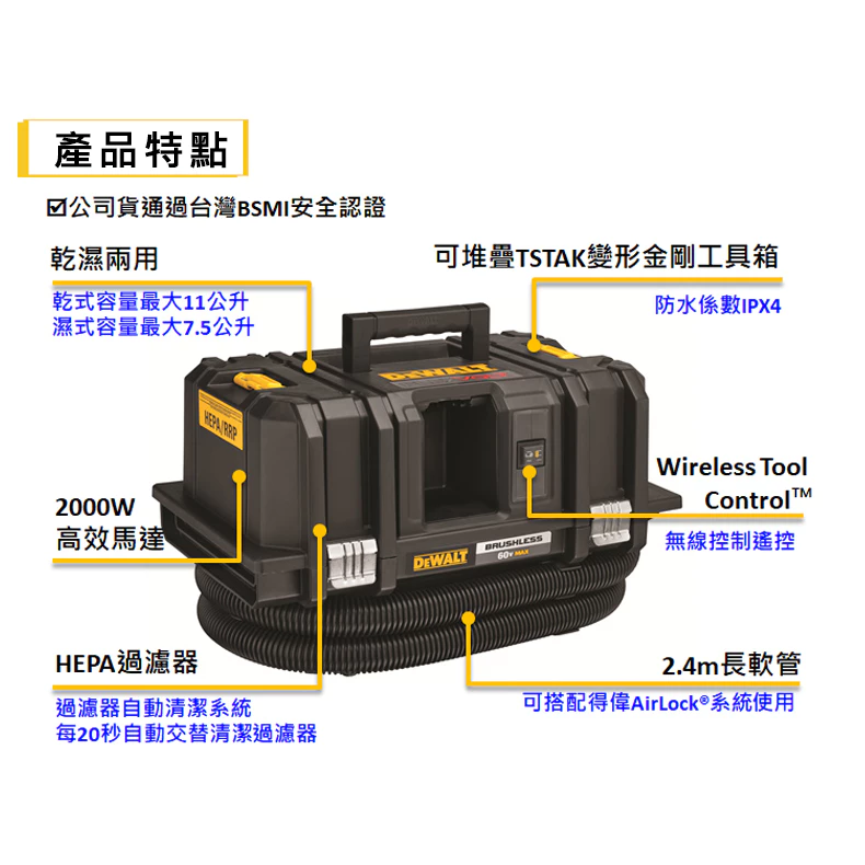 DEWALT得偉 原廠公司貨(含稅) DCV585N / 60V Max*(54V) 鋰電無碳刷乾濕兩用吸塵器 工業級