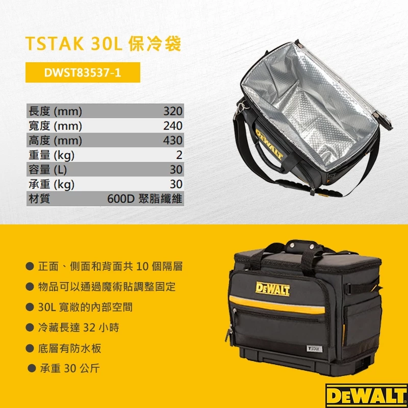 DEWALT得偉 原廠公司貨(含稅) 變形金鋼系列-TSTAK 30L保冷袋 DWST83537