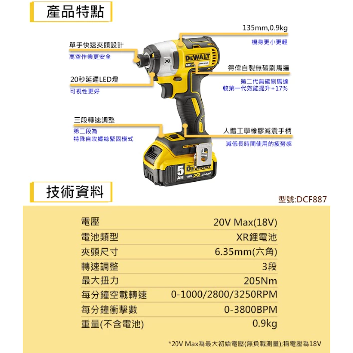 DEWALT得偉 含稅 原廠公司貨 20vMax 無碳刷衝擊起子 電動起子 電鎖 DCF887