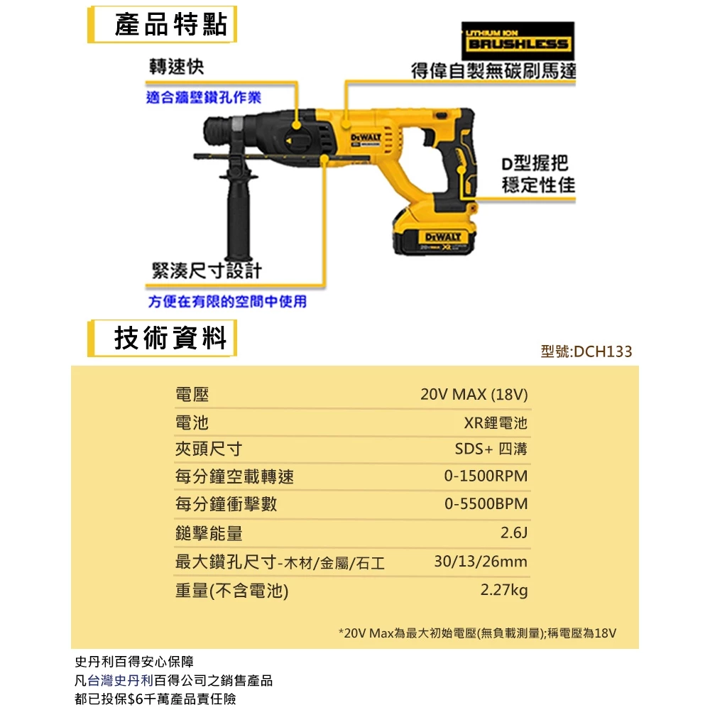 DEWALT得偉 原廠公司貨 20V Max (18V)無碳刷四溝三用電鎚鑽 DCH133P2 電槌 鎚鑽 電鑽 水泥鑽