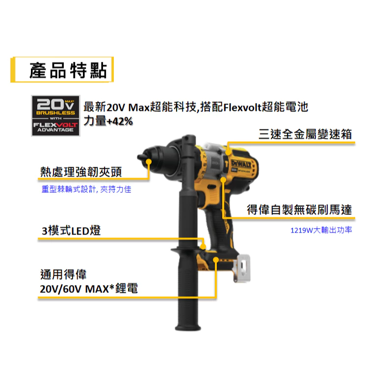 DEWALT 得偉 原廠公司貨(含稅) 無刷強力震動電鑽調扭起子機 DCD999N / 20V MAX (18V) 空機
