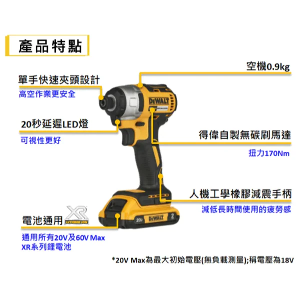 DEWALT得偉 原廠公司貨 DCF7871D2 20V經濟版無刷衝擊起子機(雙電2.0Ah)