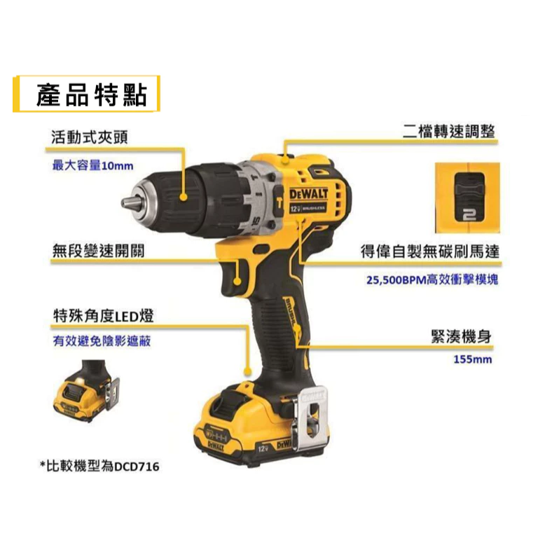 DEWALT得偉 原廠公司貨 12V無碳刷震動電鑽調扭起子機 震動電鑽 夾頭電鑽DCD706D2
