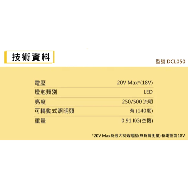 DEWALT得偉 原廠公司貨20Vmax 超鋰電 LED工作燈 (250/500流明) DCL050N